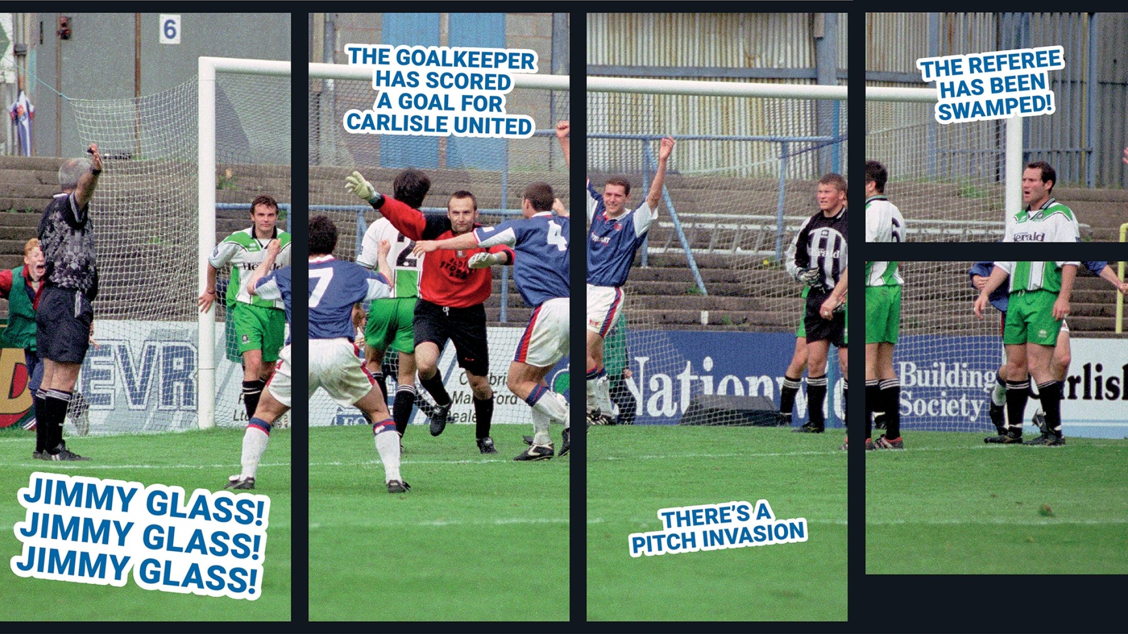 Carlisle United Football Club Glass Bar Signage Jimmy Glass Scores a Goal