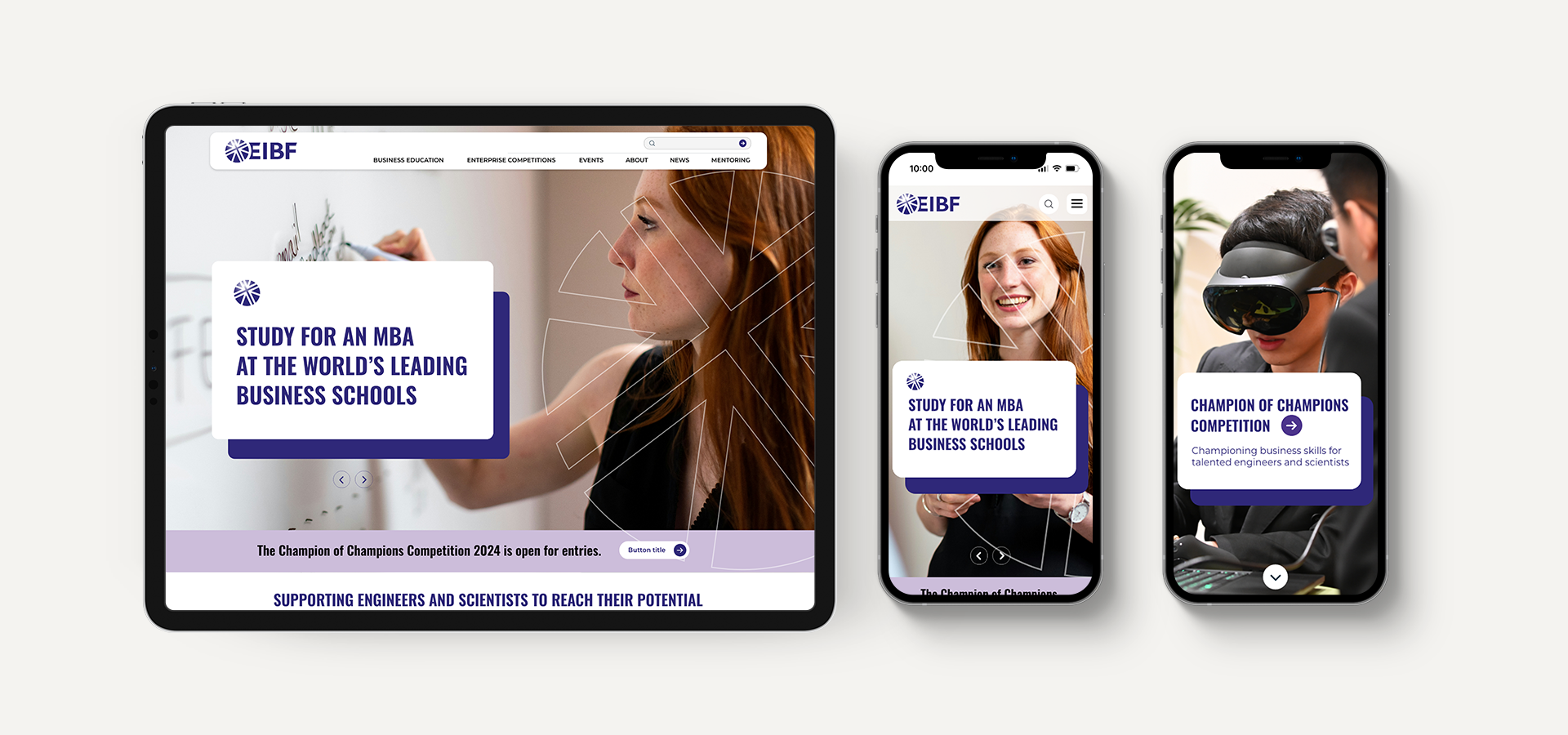 Mock up of 2 iPhones and iPad with the website design of EIBF