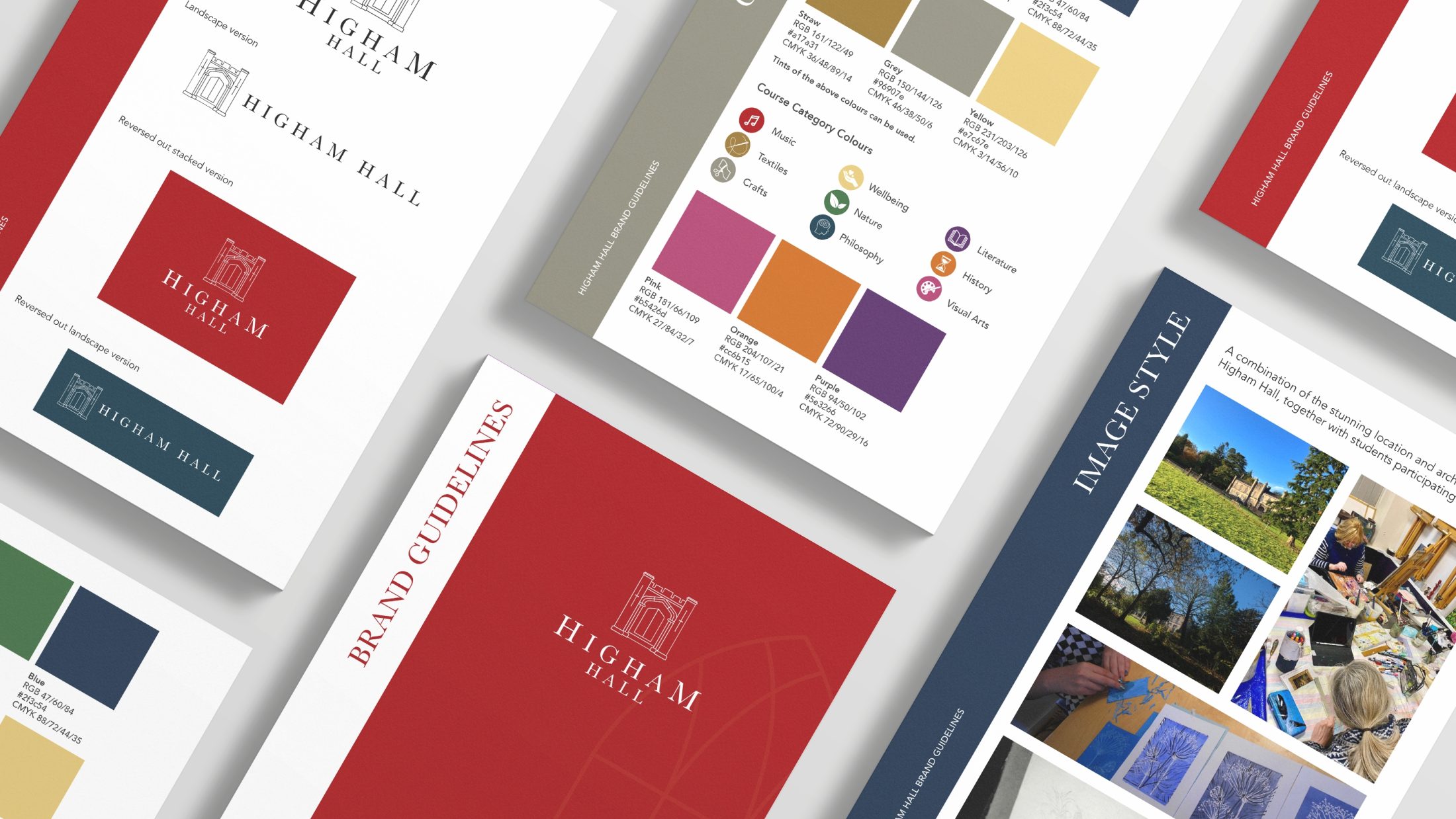 Brand guidelines for Higham Hall, featuring rich colours, designed by Reeds