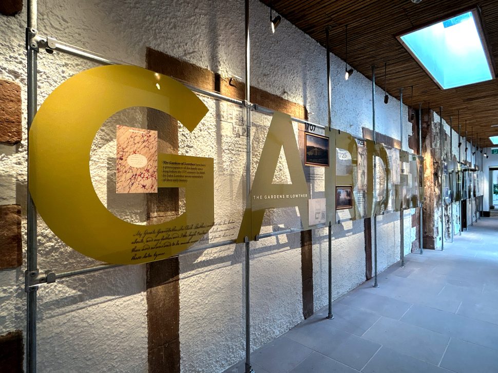 The Story of Lowther exhibition, clear acrylic exhibition signage for the Gardens of Lowther section