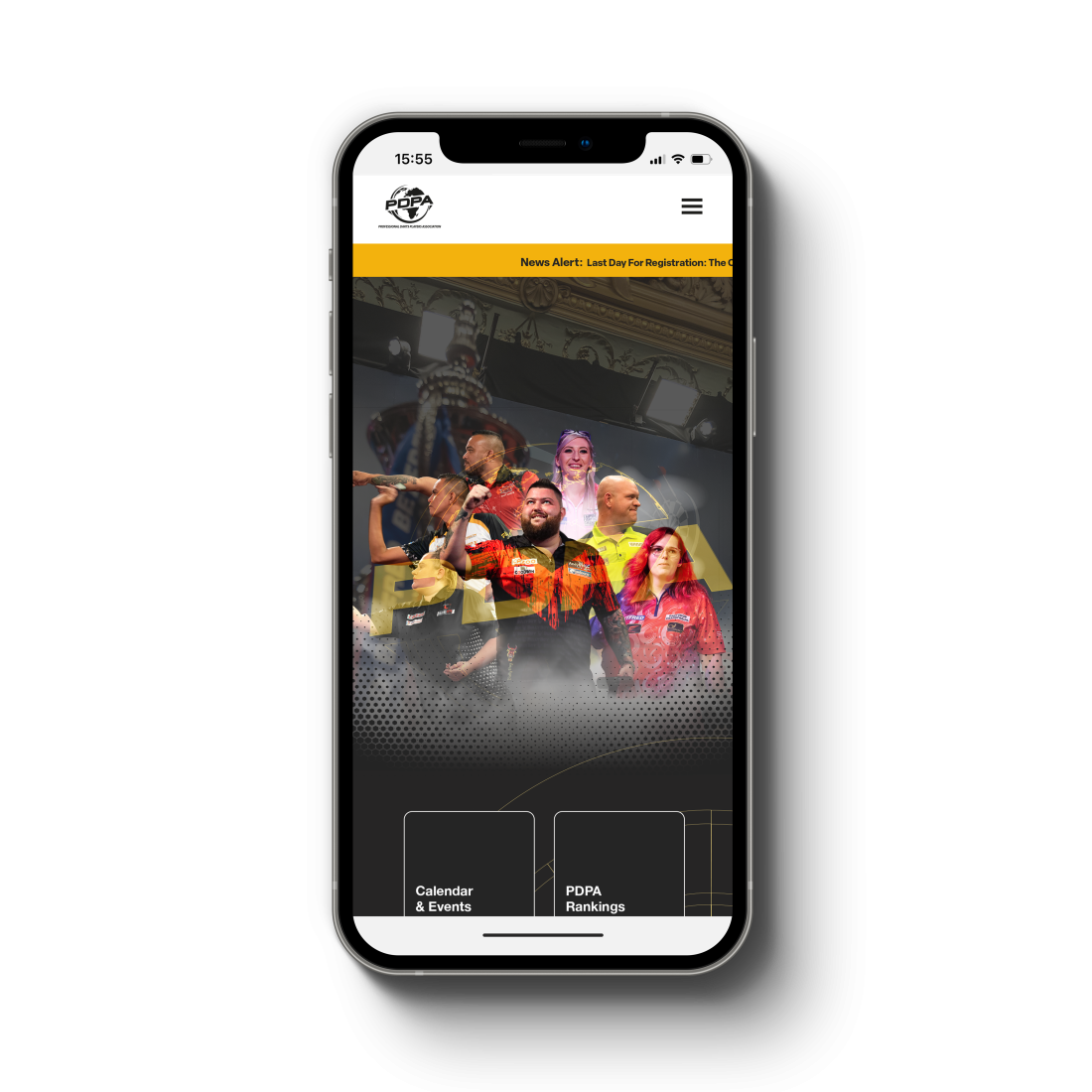 Website design for Darts Players Association - Mobile phone mockup