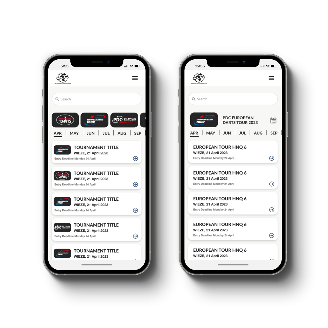 Mobile phone mockup of API Integration for Darts Players Association