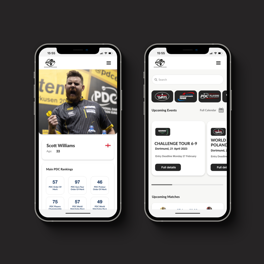 Mobile phone mockup of API Integration for Darts Players Association