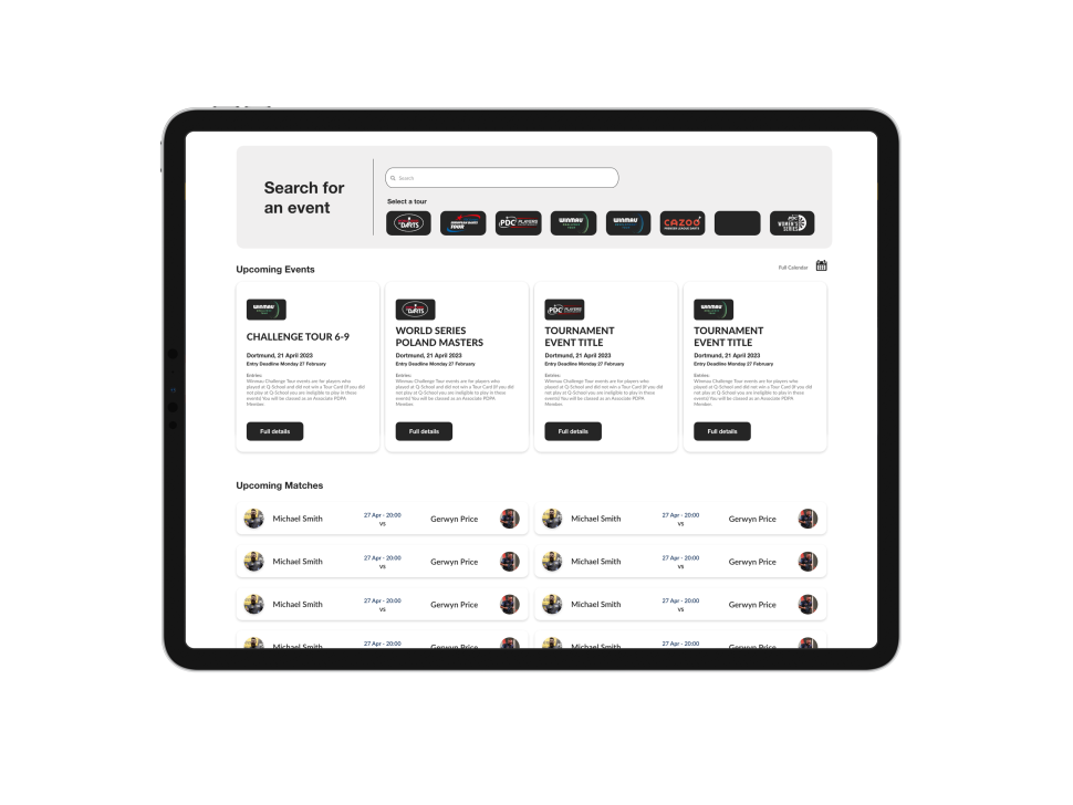 Tablet mockup of API Integration for Darts Players Association