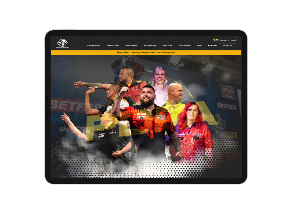 Website design for Darts Players Association - Tablet mockup