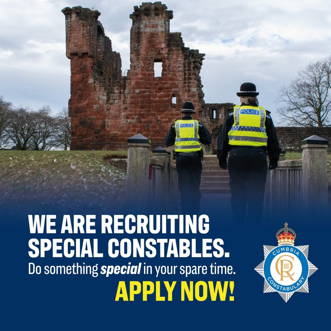 Cumbria Constabulary's new and updated police crest, featuring King Charles lll's cypher in use across a digital application as a recruitment ad.