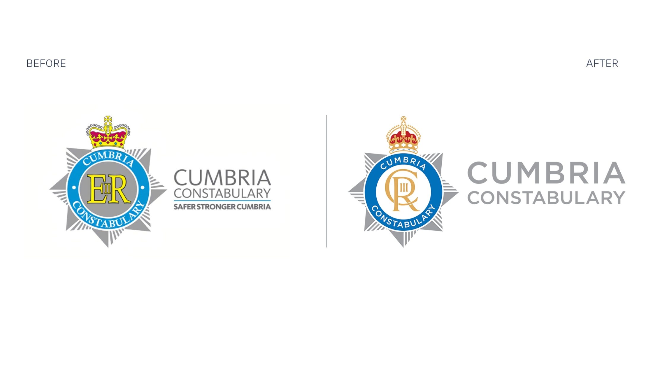 Cumbria Constabulary's new and updated police crest, featuring King Charles lll's cypher side by side with the previous Cumbria police crest, featuring the late Queen Elizabeth ll's cypher.