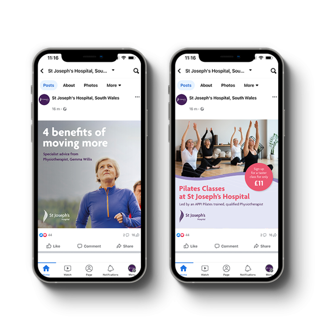 Two iphones displaying Facebook posts for St Joseph's Hospital, one an informative post on the benefits of moving more and another advertising pilates classes.