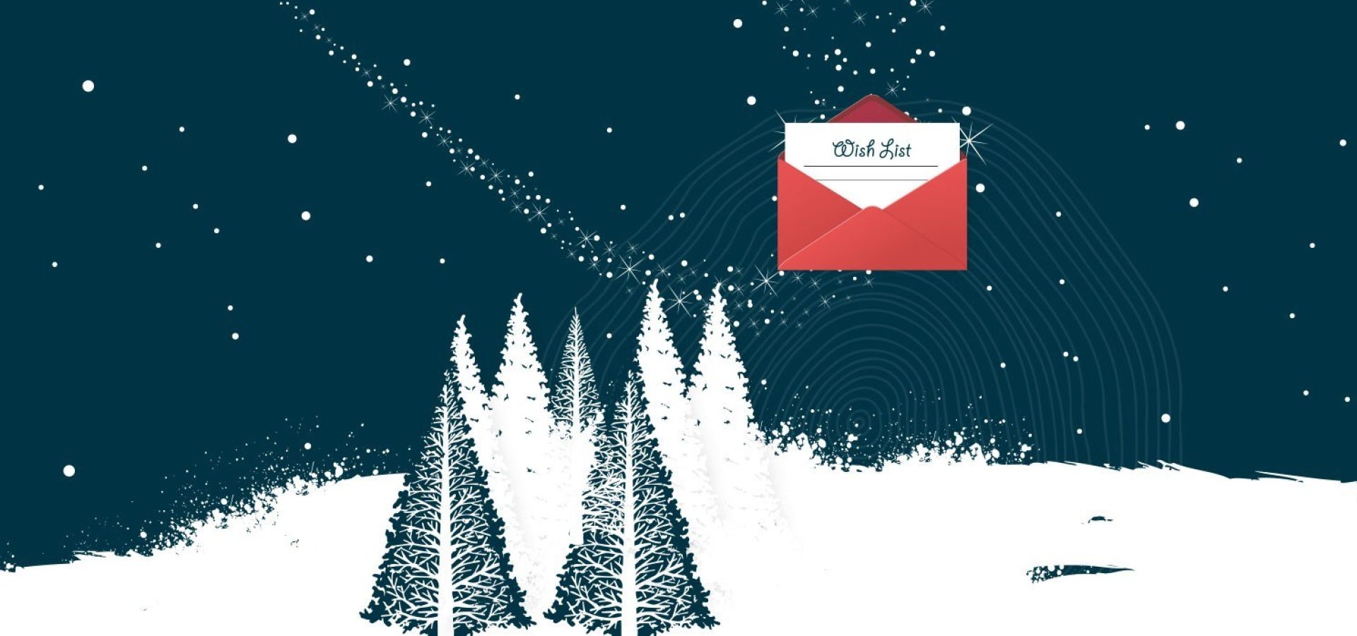 Wishlist envelop infront of snowing trees