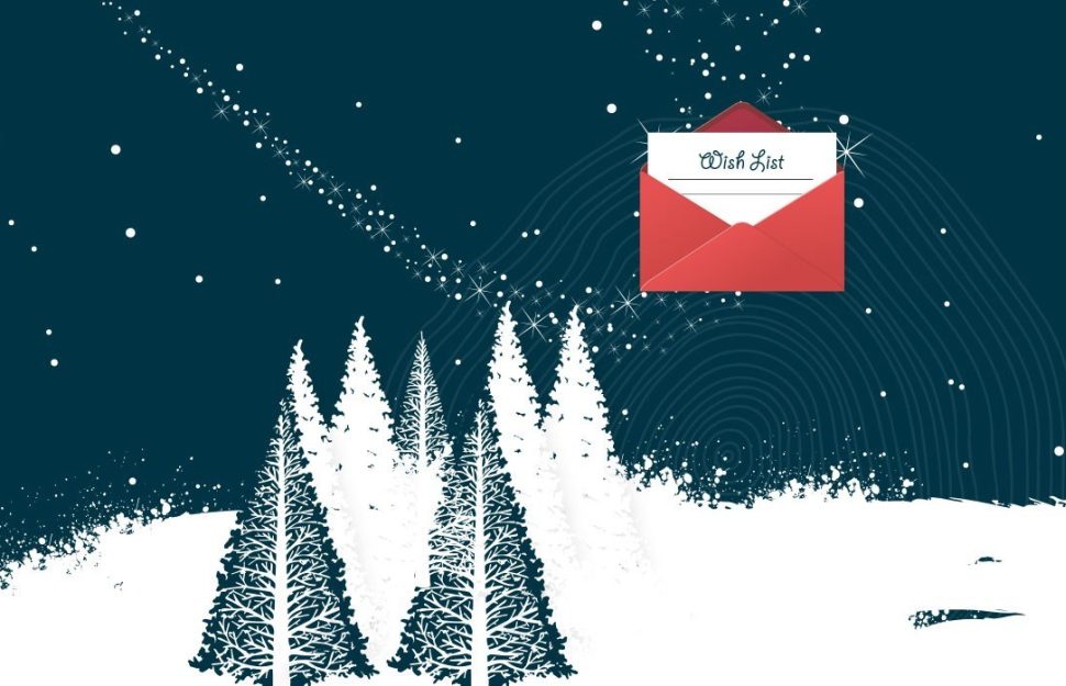 Wishlist envelop infront of snowing trees