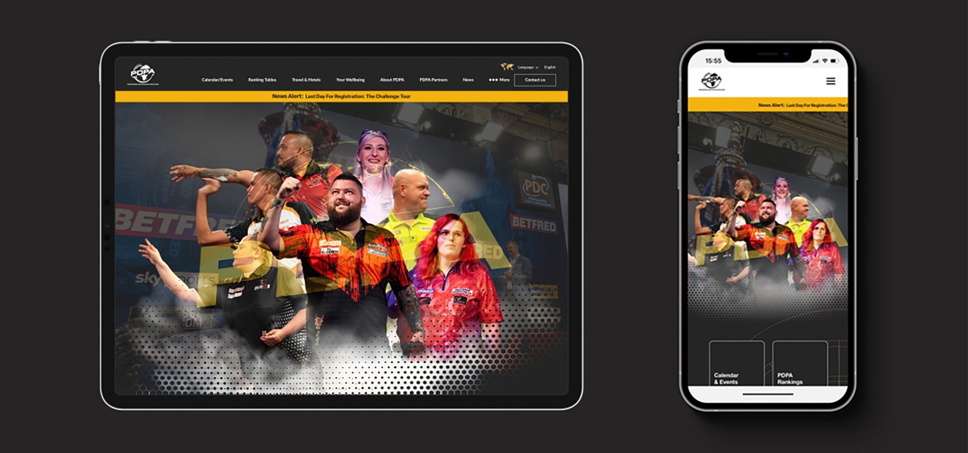 Professional Darts Players Association Website, iPad & Mobile mock up