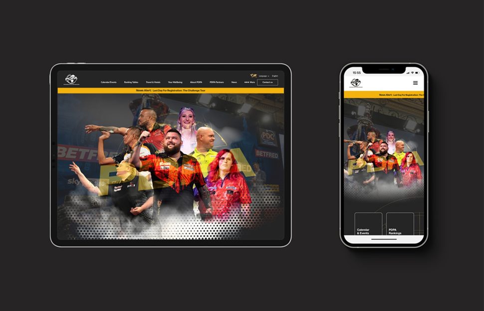 Professional Darts Players Association Website, iPad & Mobile mock up