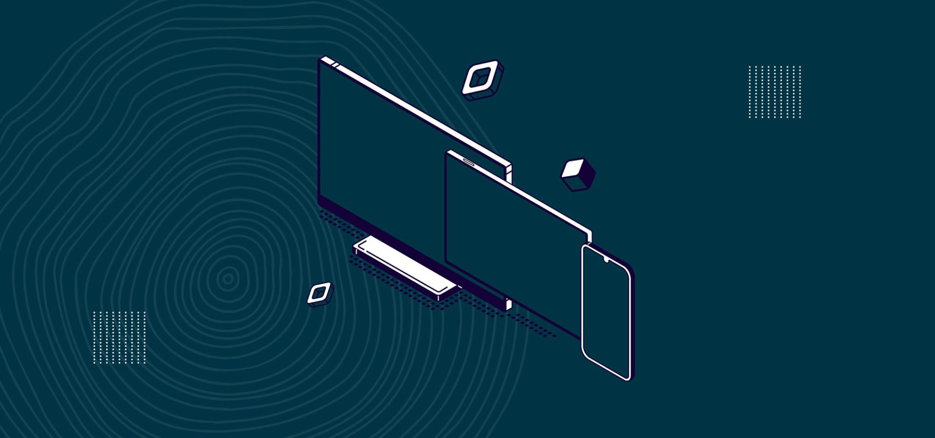 Illustrated devices of varying sizes: desktop, tablet and mobile