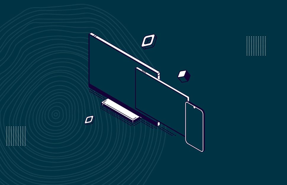 Illustrated devices of varying sizes: desktop, tablet and mobile