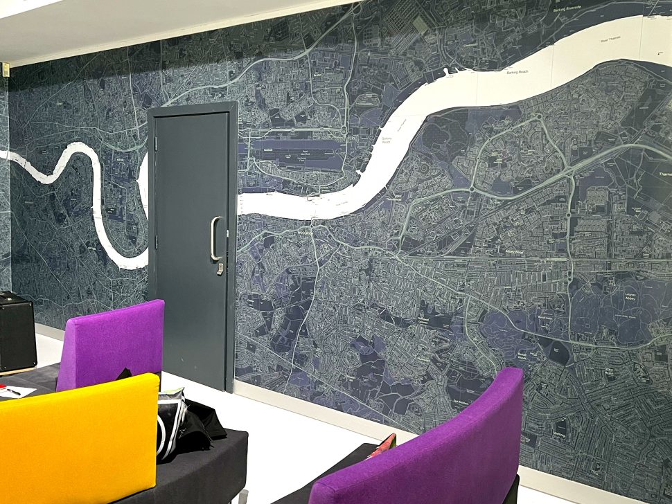 Digimura digital wallcovering of an aerial shot of London and the river Thames at the Papergraphics headquarters.