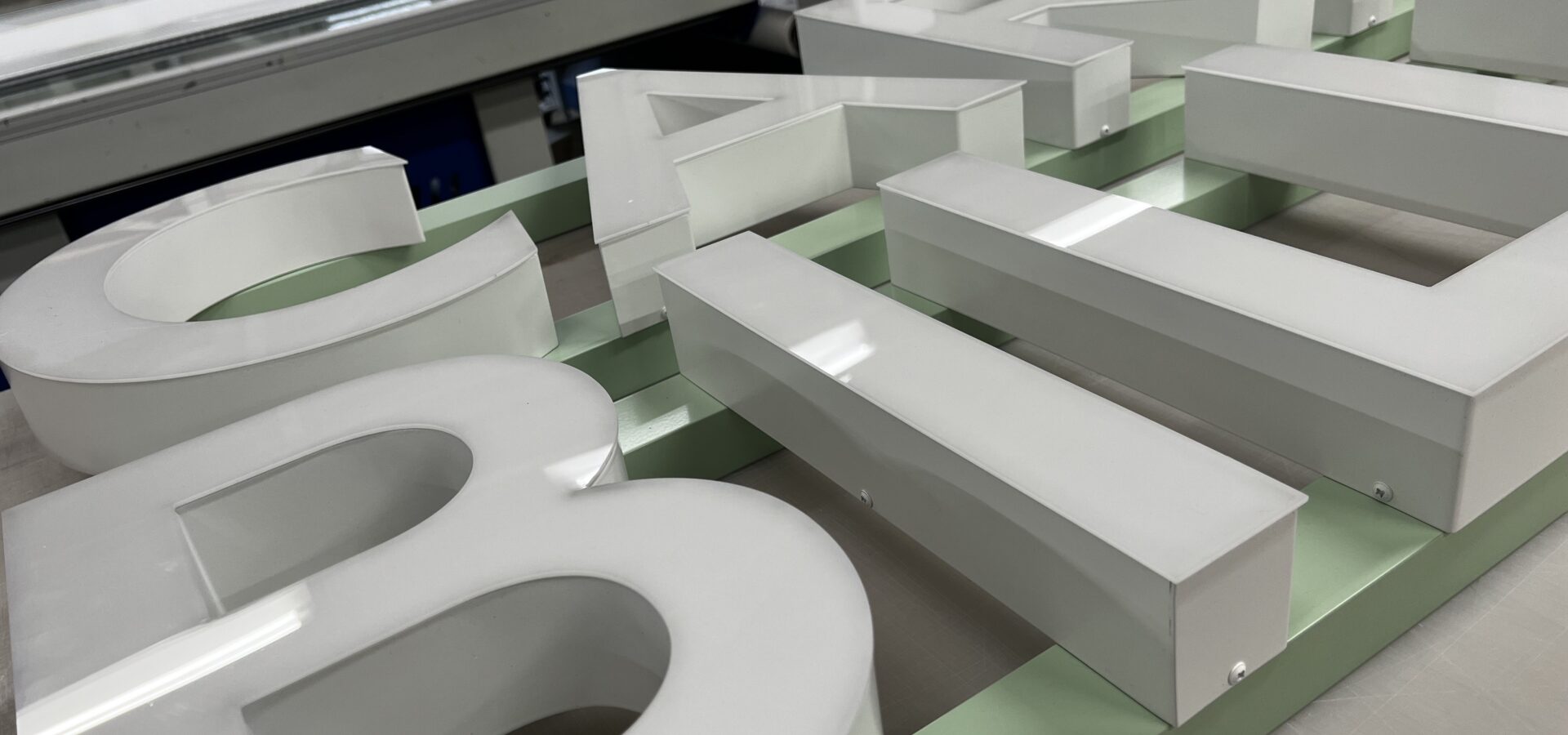 Carrs Billington fascia signage in the Reeds signs workshop during production