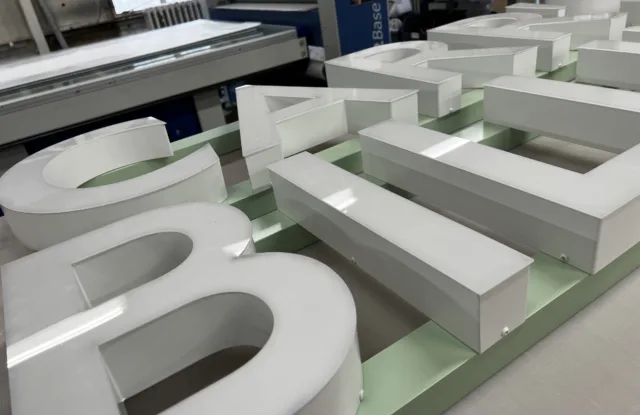 Carrs Billington fascia signage in the Reeds signs workshop during production