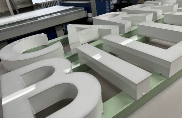 Carrs Billington fascia signage in the Reeds signs workshop during production