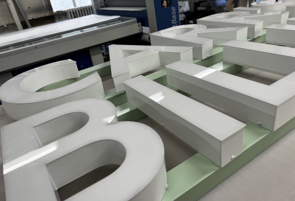 Carrs Billington fascia signage in the Reeds signs workshop during production