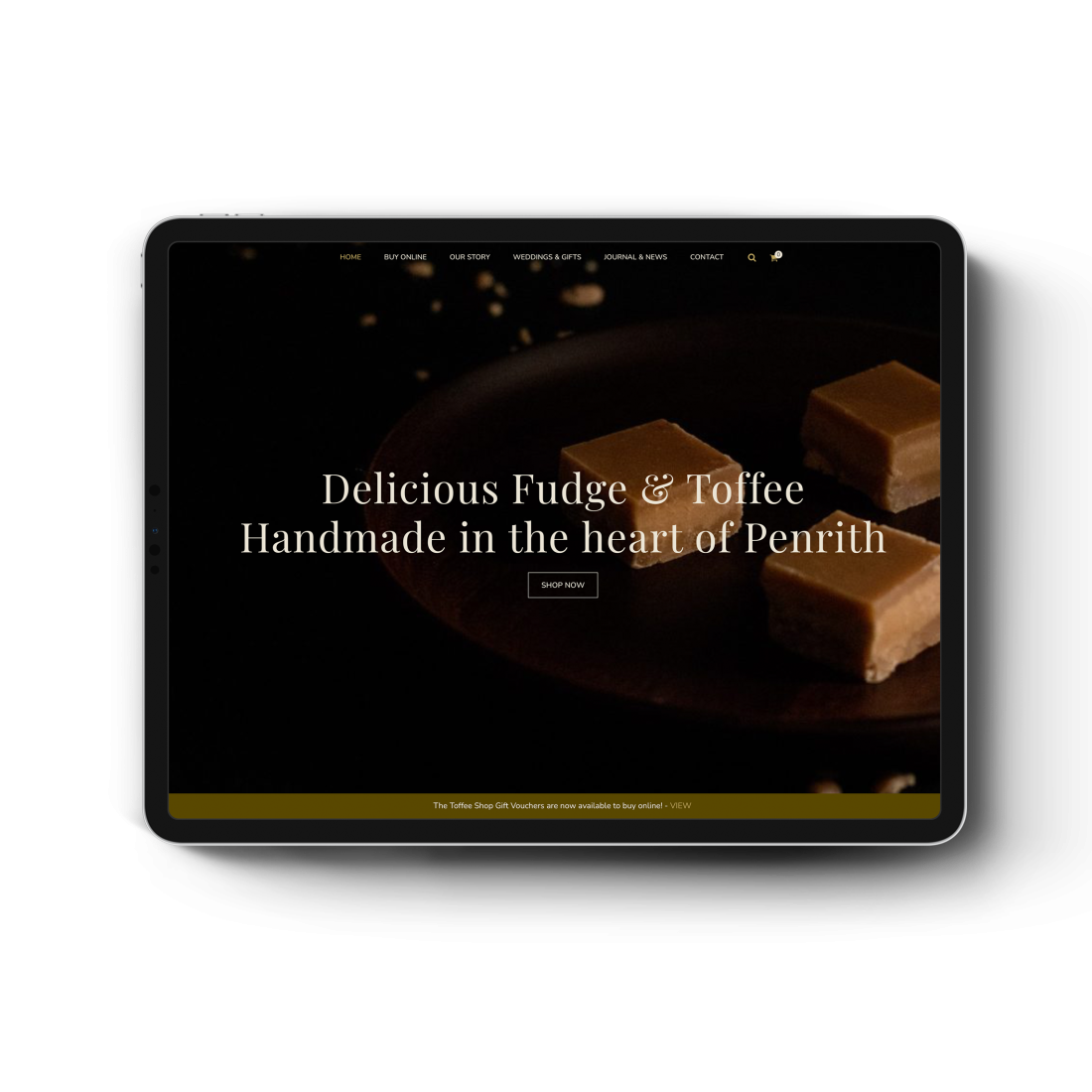 Website design for toffee e-commerce website mocked up on an Ipad