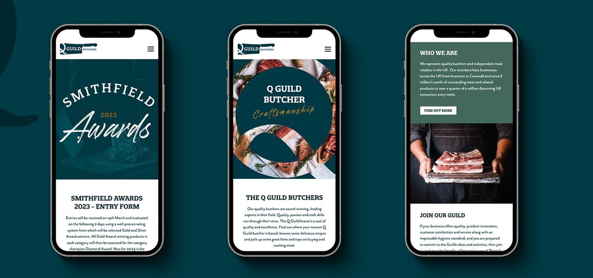 Mobile first website design showing three mobile phone showcasing Q Guilds website