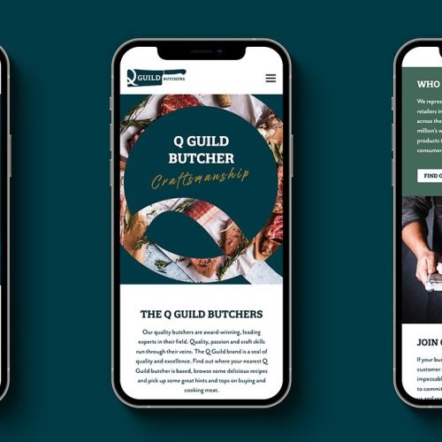 Mobile first website design showing three mobile phone showcasing Q Guilds website